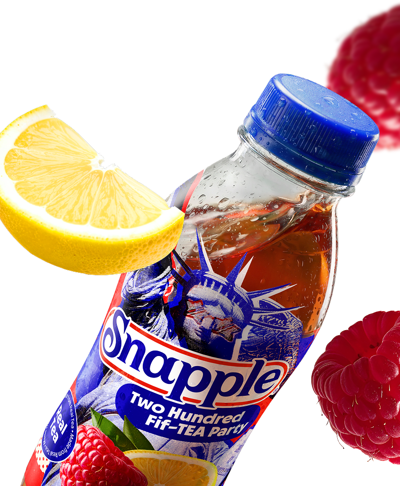 Snapple Two Hundred Fif-TEA Party iced tea bottles with lemon and raspberries.