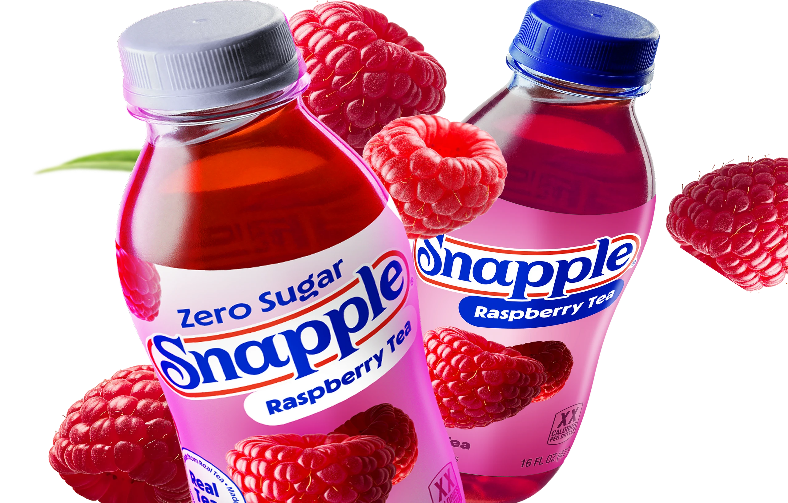 Snapple Zero Sugar Raspberry Tea and Raspberry Tea bottles with raspberries