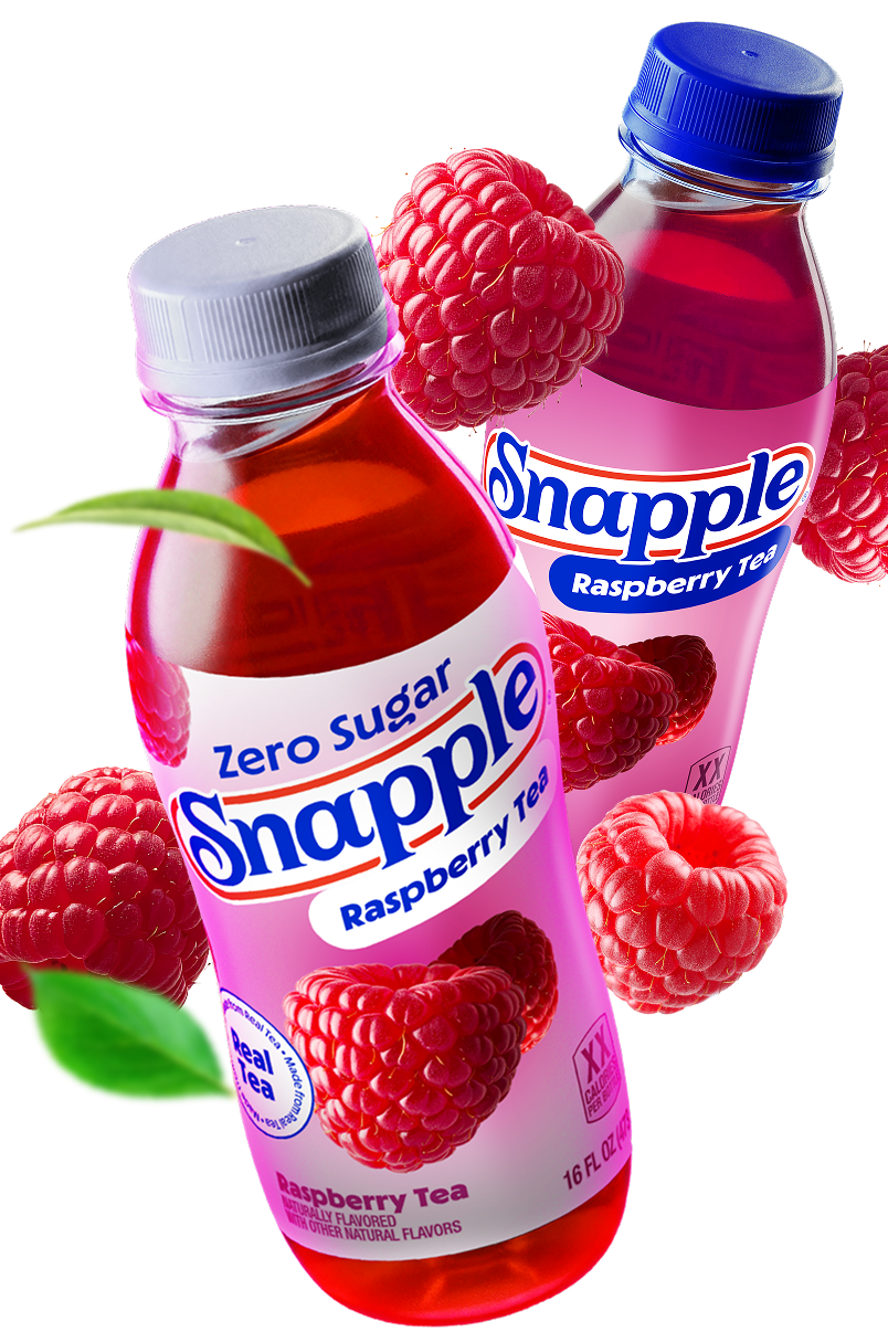 Snapple Zero Sugar Raspberry Tea and Raspberry Tea bottles with raspberries